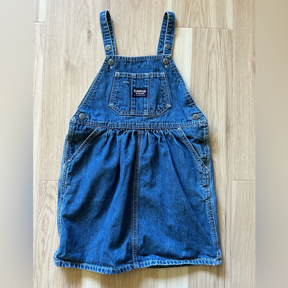 Oshkosh Girls Denim Overall Jumper Dress Blue Medium Wash Pockets Size 5 Vintage